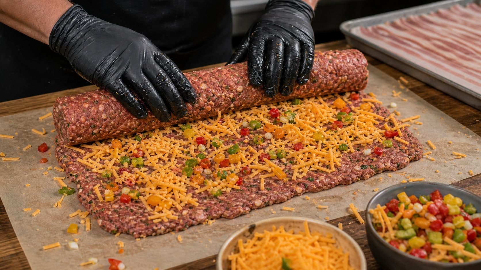Gloved hands on a wooden butcher block countertop spreading the cured knockwurst-spiced ground brisket and pork, layering in cubes of sharp cheddar cheese and diced spicy peppers before tightly rolling into a log