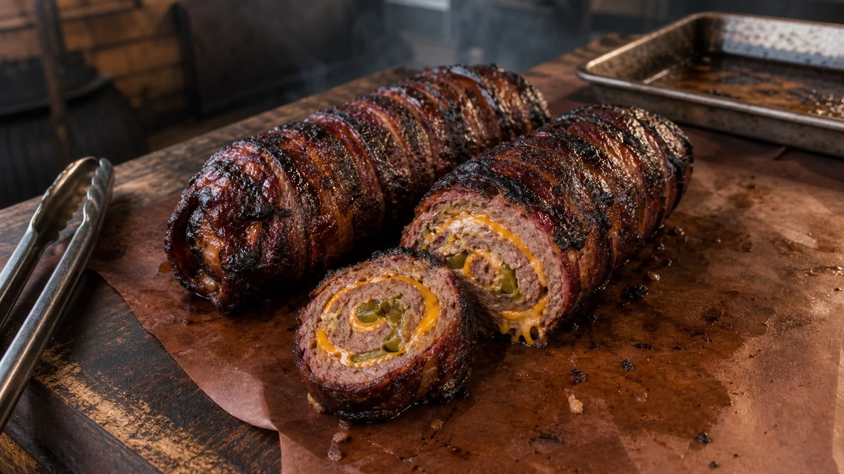 Bacon-wrapped Carne Enrolada logs resting on a dark wooden prep counter and sheet pan in the kitchen, one end sliced to show the cross-section with melted cheese pockets and spicy pepper pieces in the juicy cured meat