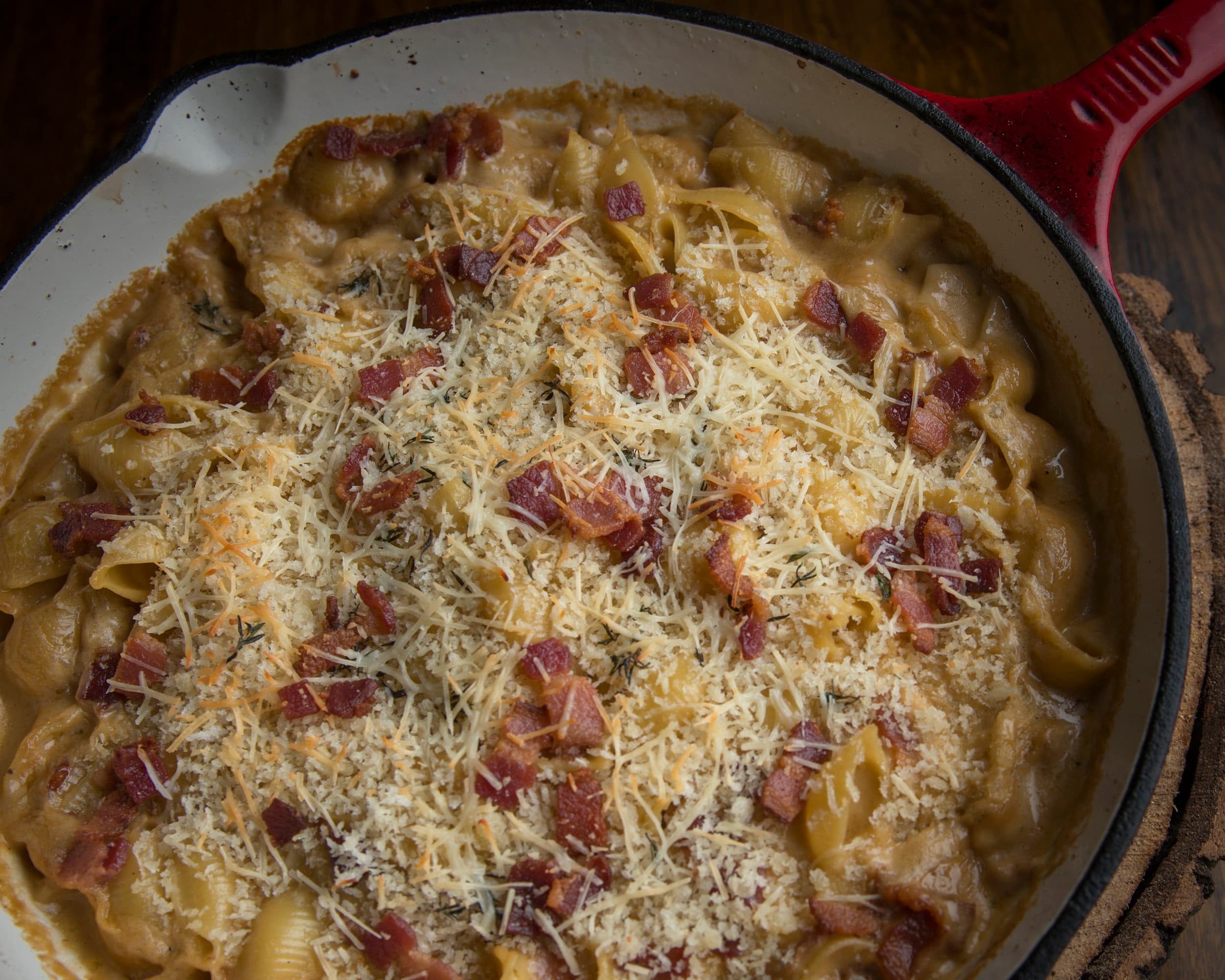A pan of baked mac n' cheese
