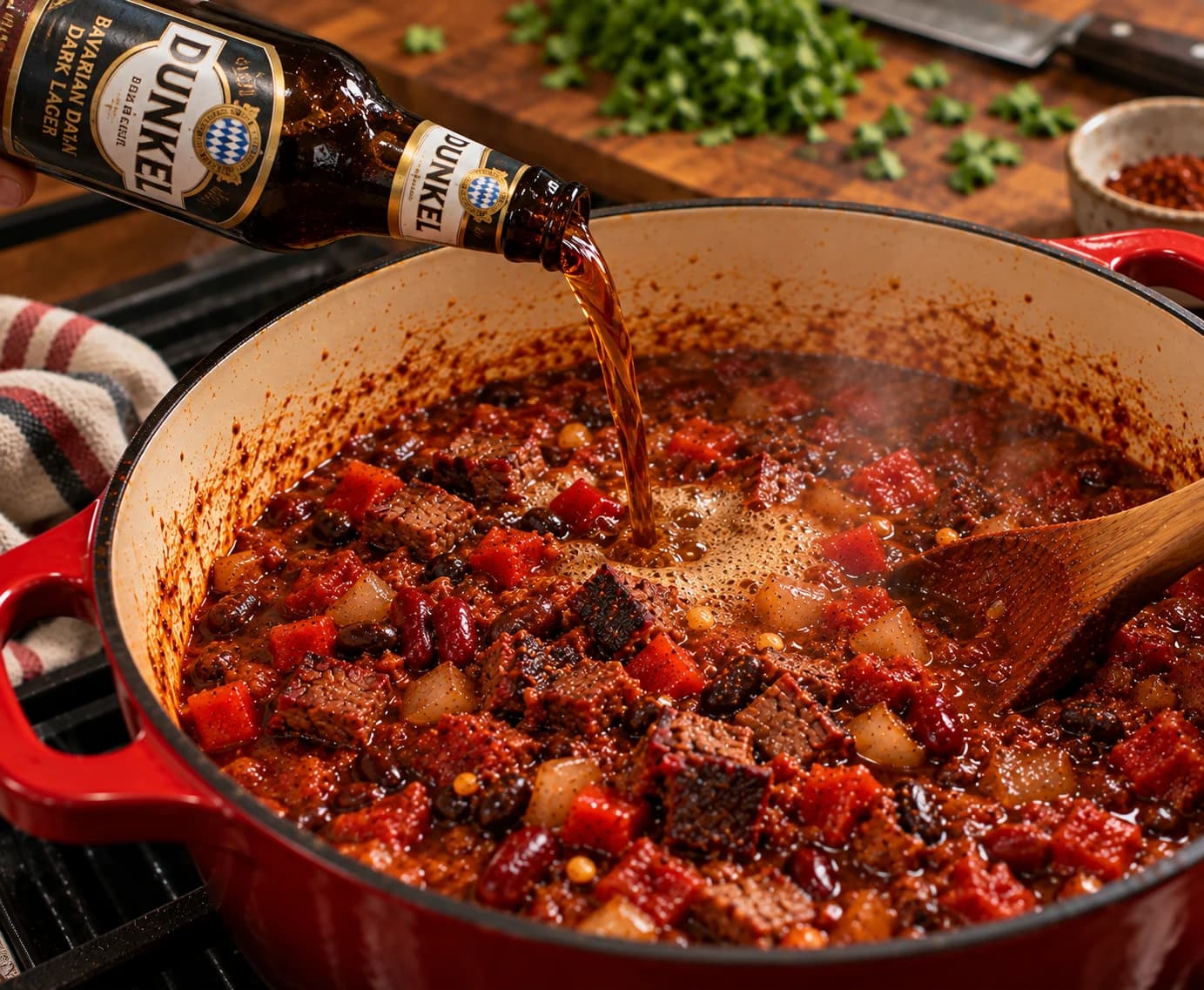 Dunkel beer being poured into a pot of smoked brisket chili