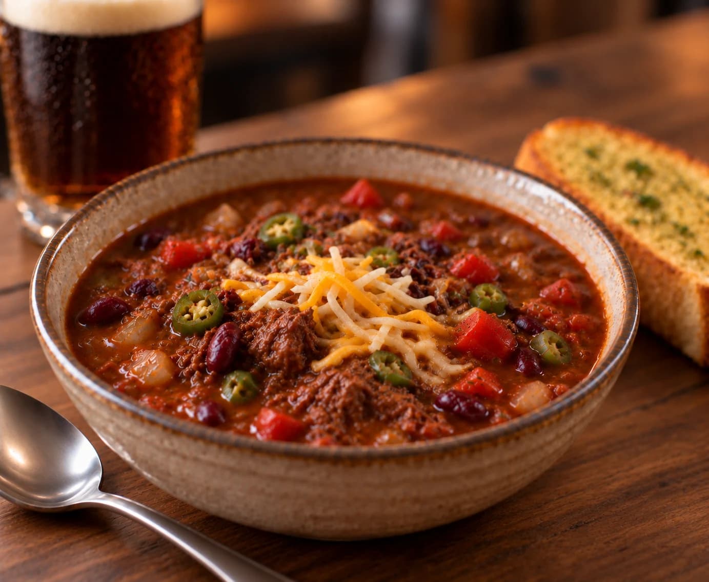 Smoked brisket chili with melted cheese, beans and sauce-coated brisket, served with garlic bread